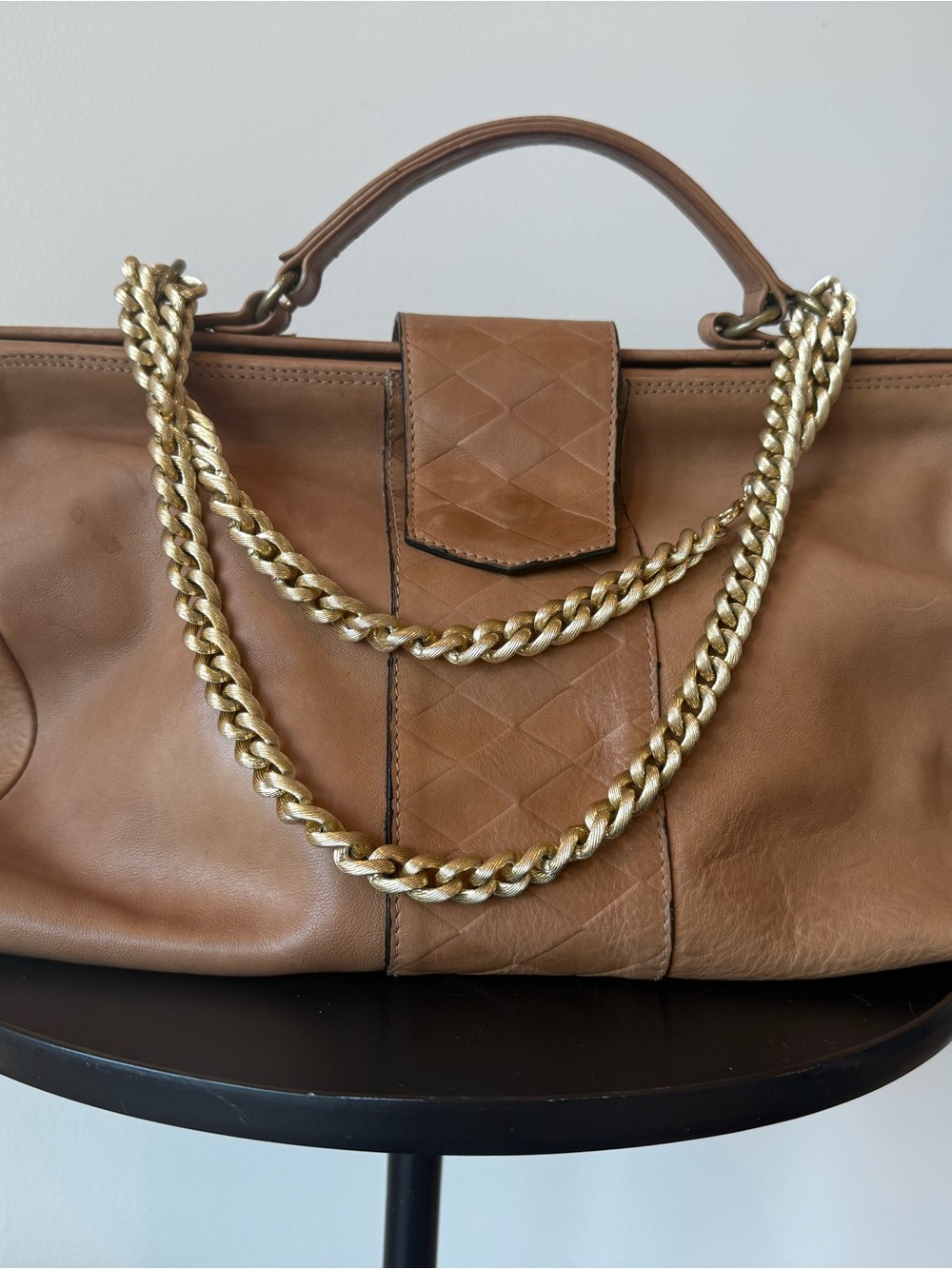 Vintage Italian Leather Top-Handle Shoulder Bag in Brown with Gold Chain